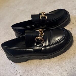 SHEIN Black Loafers with Gold Chain Detail